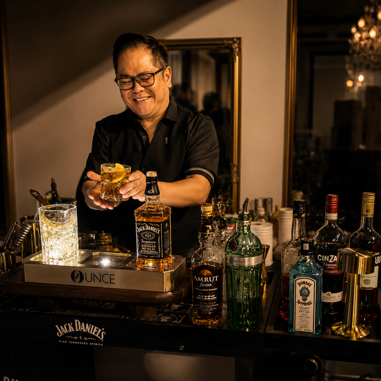Alberto Opeña serving an old fashioned from the Ounce trolley